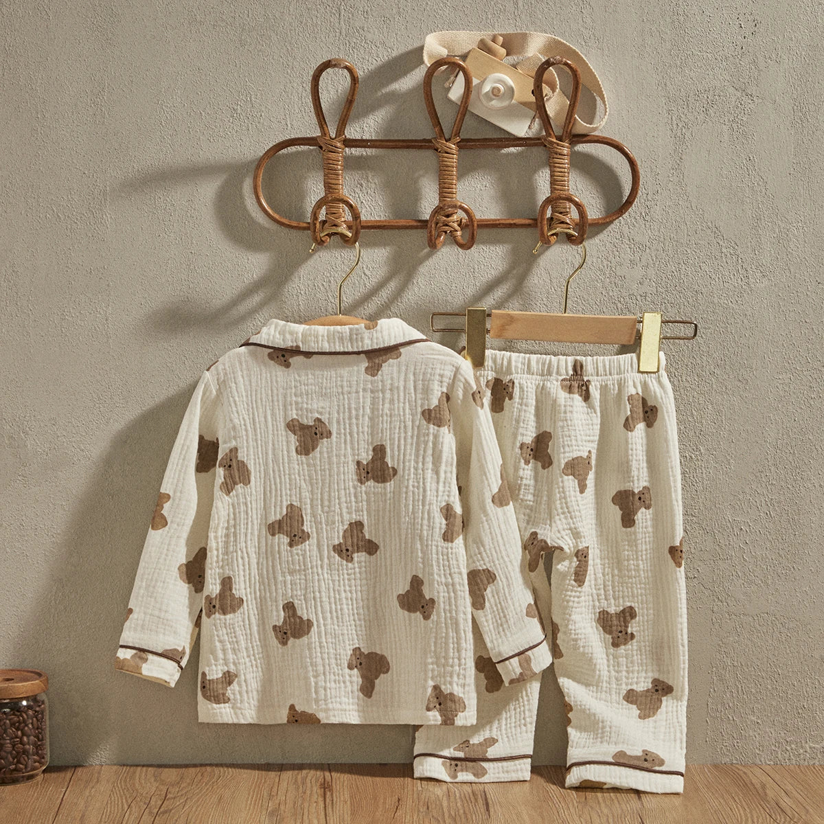 Bear Print Long Sleeve Front Pocket Lapel Tops+ Long Pants