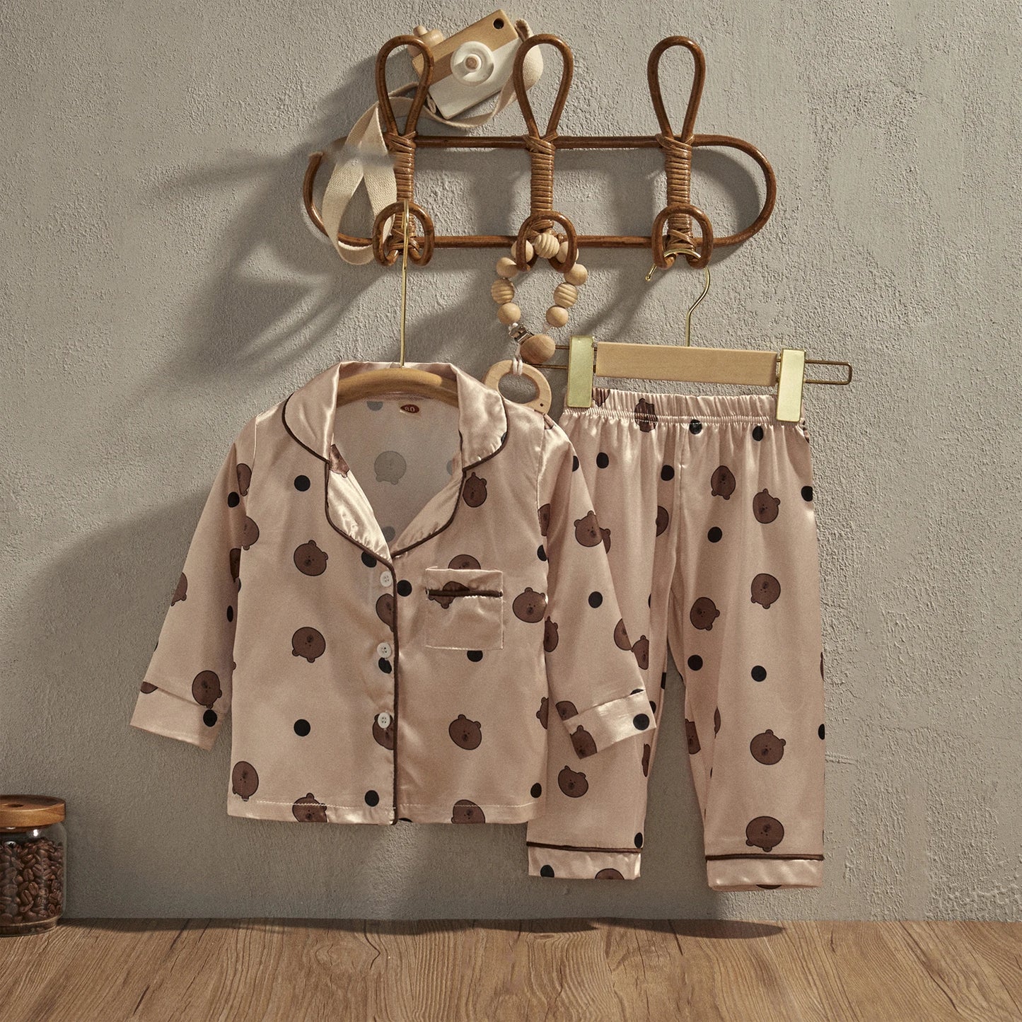 Bear Print Long Sleeve Front Pocket Lapel Tops+ Long Pants