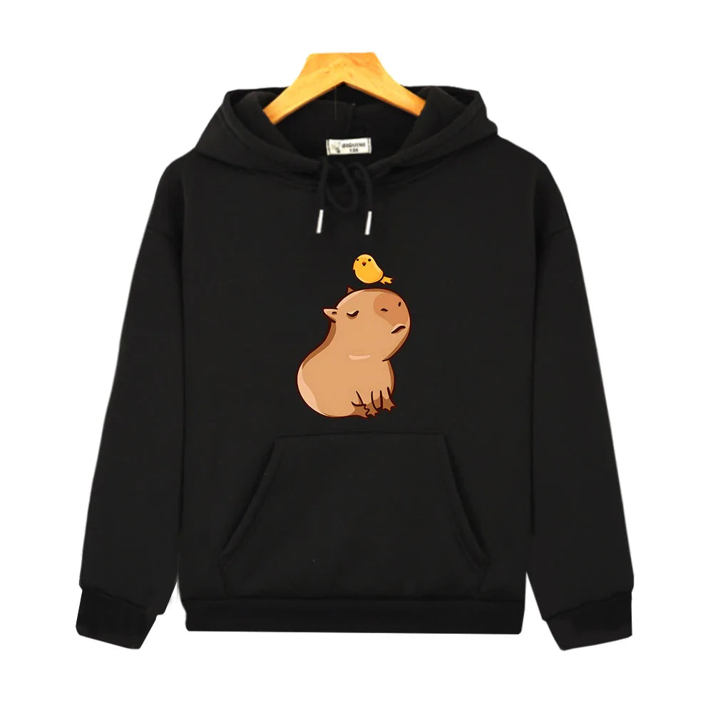 Capybara with His Bird Friend Hoodies