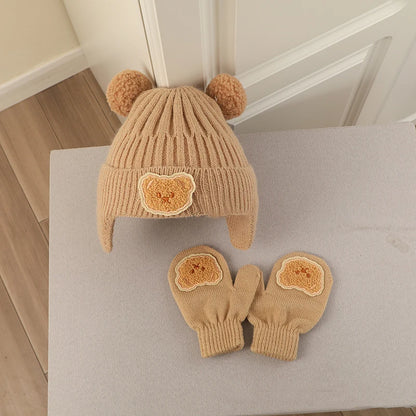 2Pcs Cute Bear Baby Hat Gloves Set