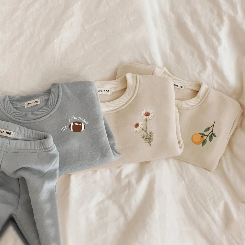 Embroidery Thicken Fleece Sweatshirt + Pants Set