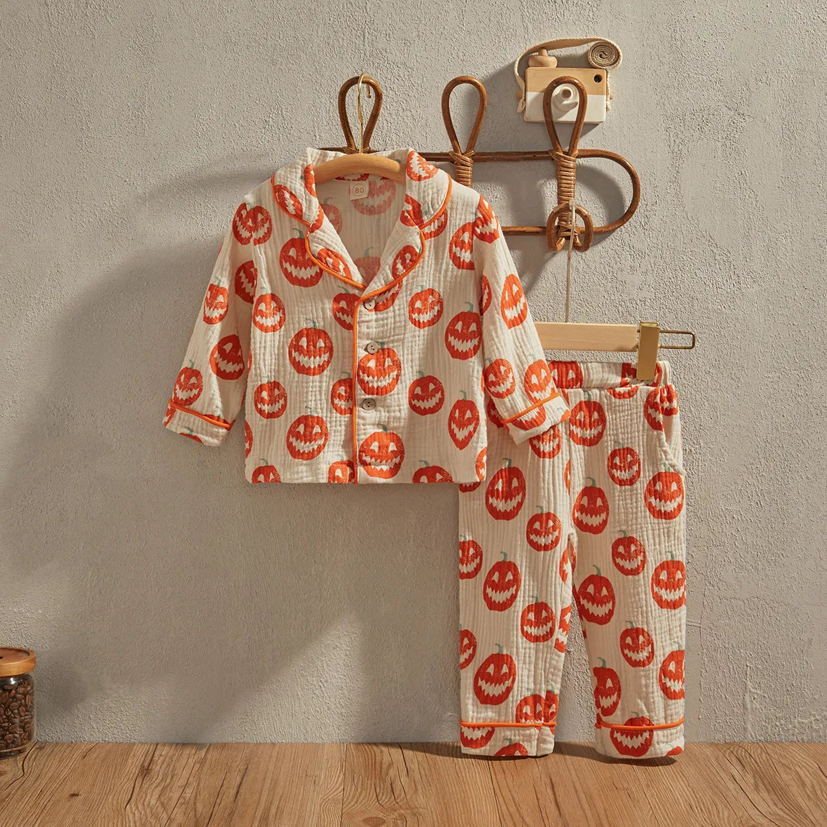 Bear Print Long Sleeve Front Pocket Lapel Tops+ Long Pants