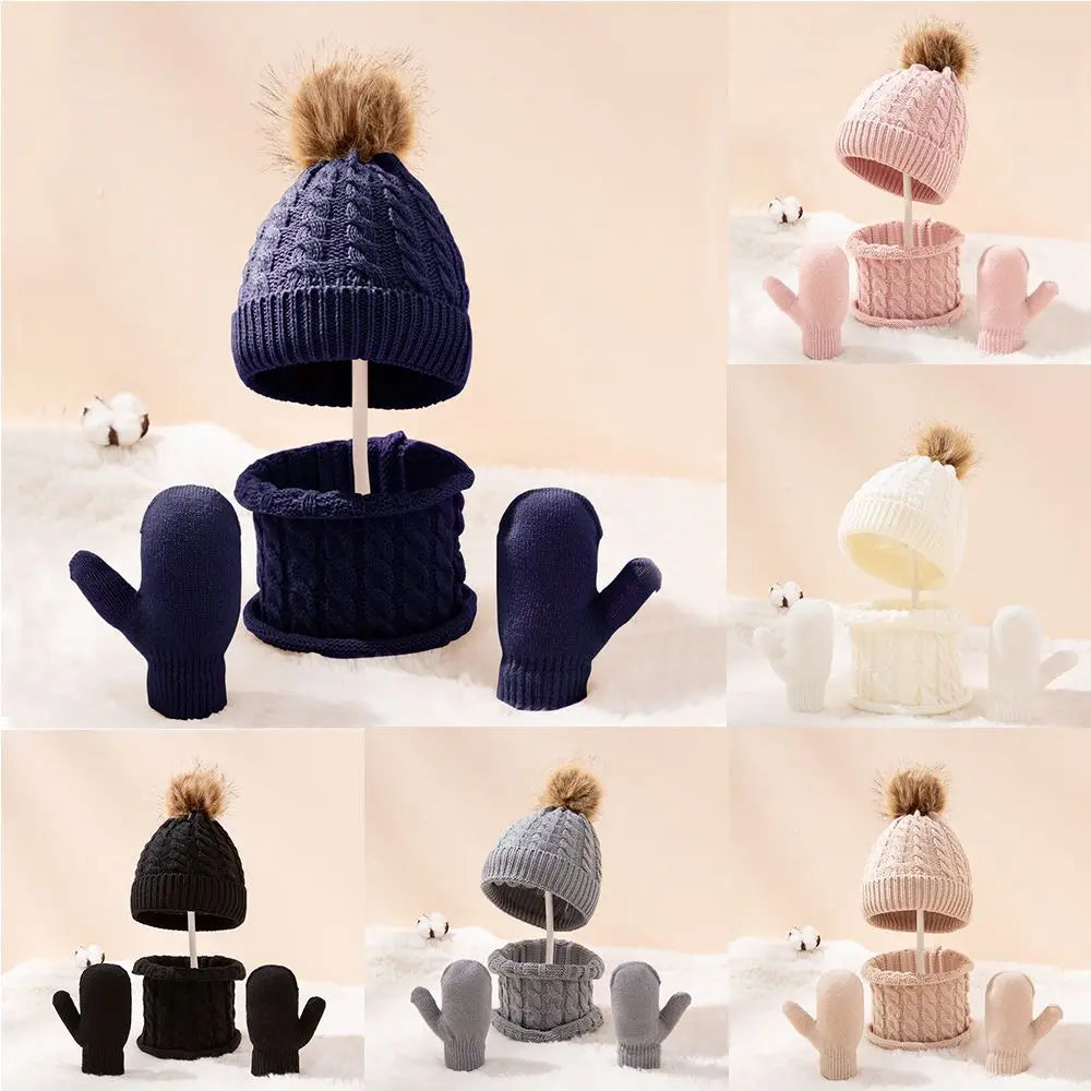 Cotton Winter Solid Color Hat Scarf Gloves Set