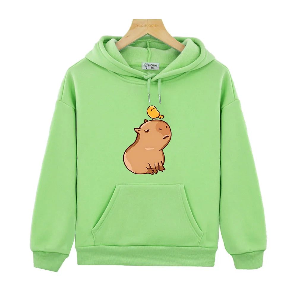 Capybara with His Bird Friend Hoodies