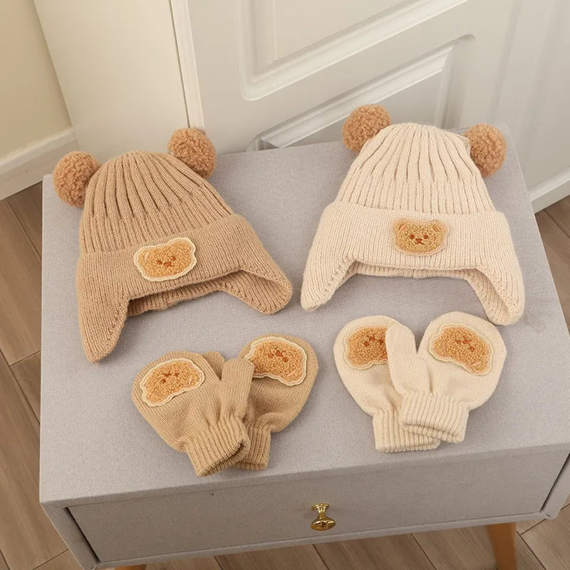 2Pcs Cute Bear Baby Hat Gloves Set