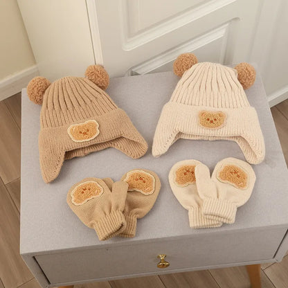 2Pcs Cute Bear Baby Hat Gloves Set