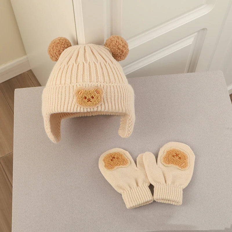 2Pcs Cute Bear Baby Hat Gloves Set