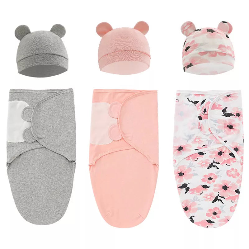 Baby Swaddle Blanket Wrap Hat Set